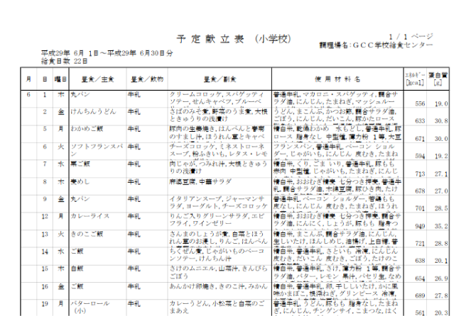 予定献立表